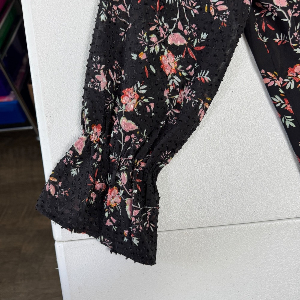 Van Heusen Womens Floral Blouse Black Pink Clip Dot Sheer Long Sleeve Top Large - Picture 3 of 9